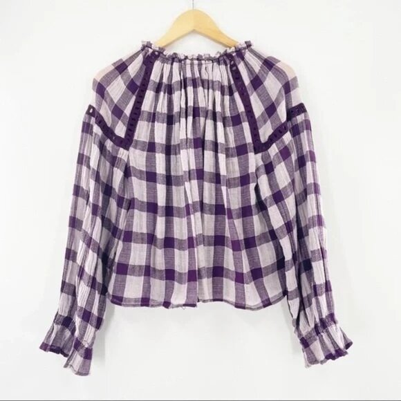 Free People Honey Grove Plaid Blouse Long Sleeve Flowy Boho Top Purple - Picture 6 of 8